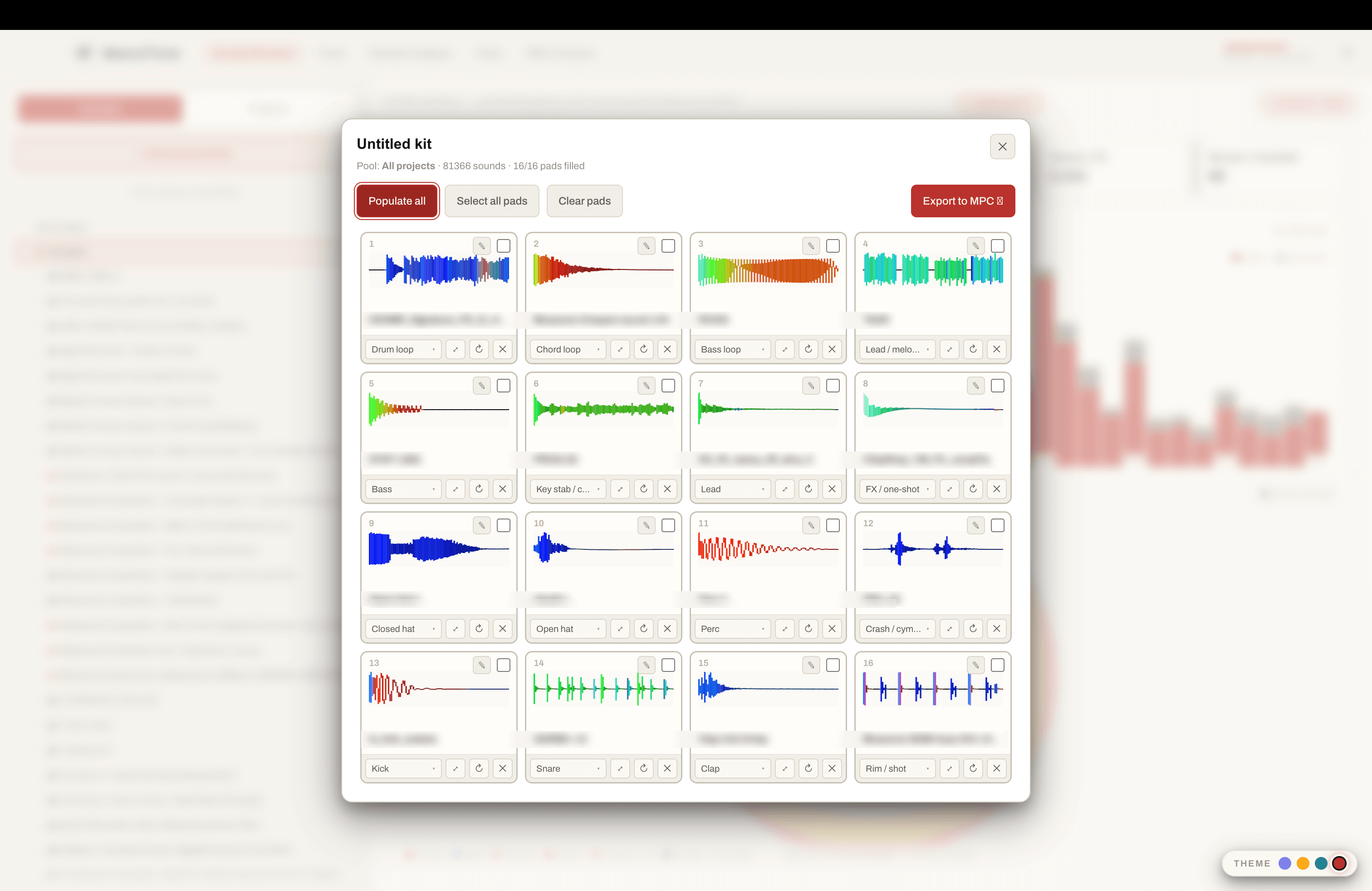 The WeaveTone pad kit builder: a 4×4 grid of MPC pads, each with a frequency-coloured waveform, a sample name and a category selector, with populate and export controls