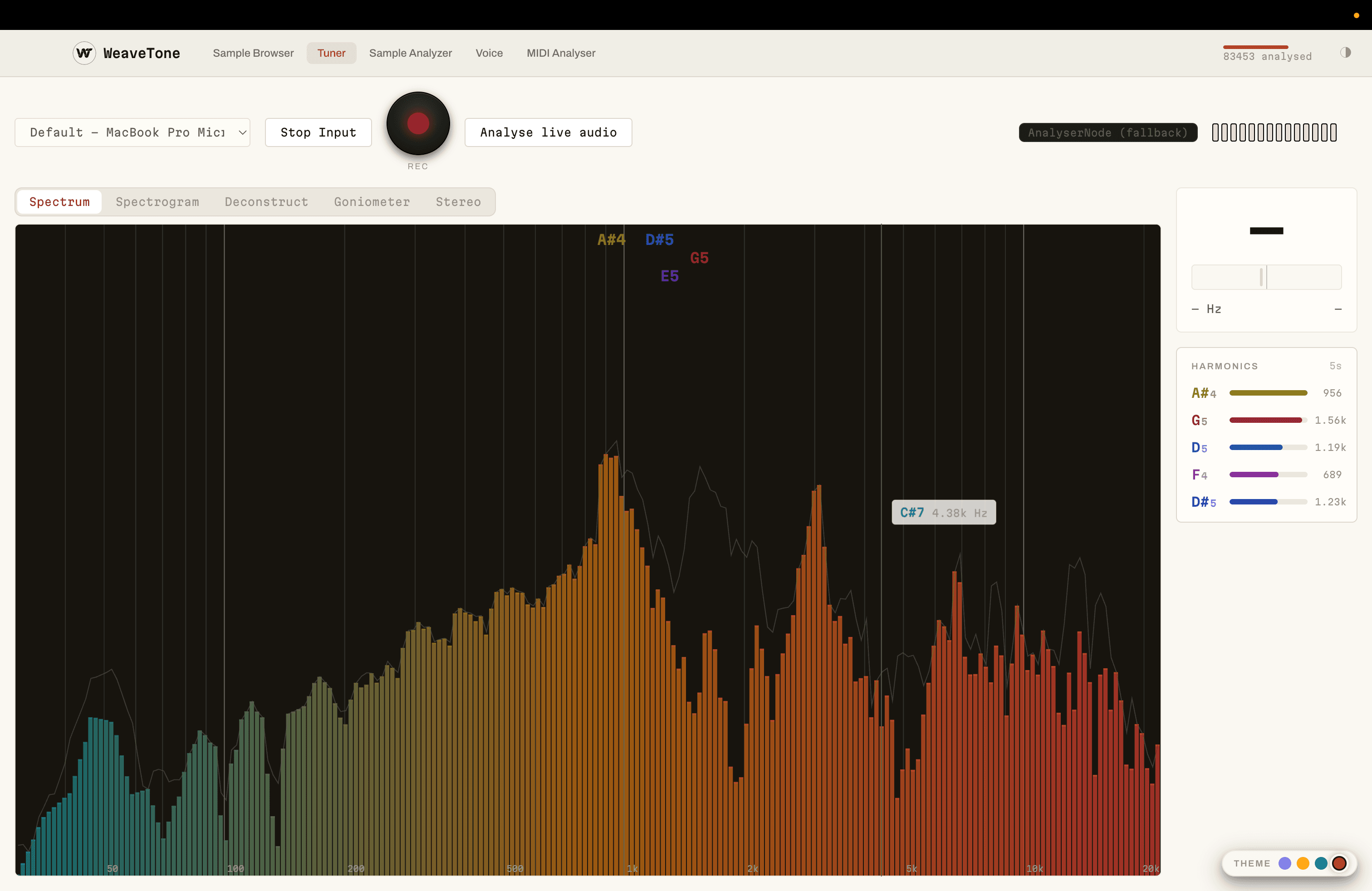 The WeaveTone tuner: a full-range spectrum coloured from low to high, note names marked on the strongest partials, and a ranked list of the top harmonics in Hz